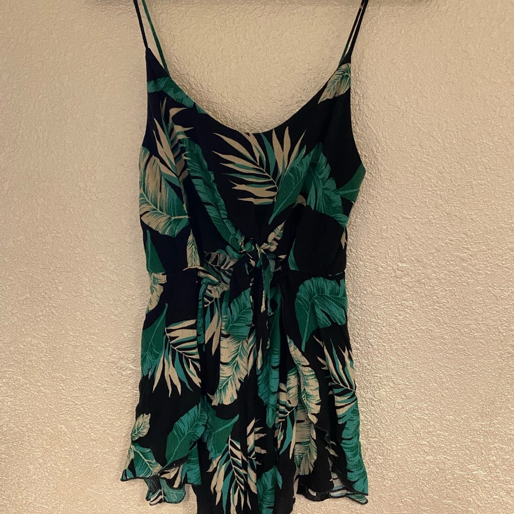 J.O.A. Black Tropical Print Camisole Romper with Green and Cream Leaves